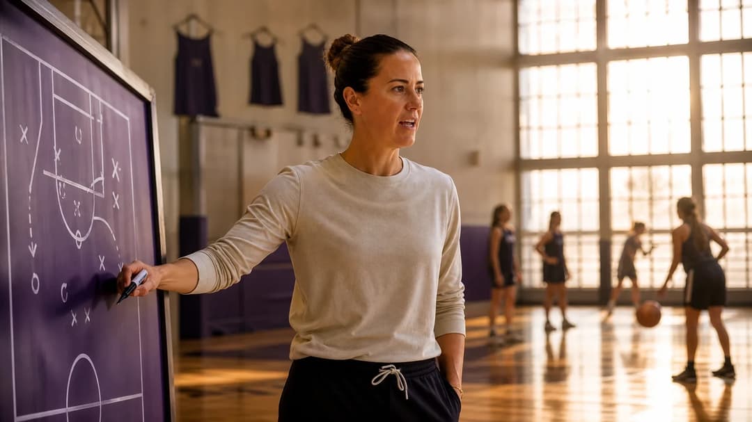 Lauren Barnes stands near a tactics board in a gym, focused and poised as young athletes train in the background.
