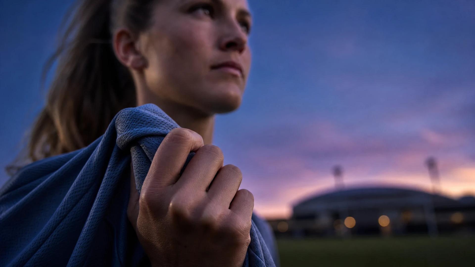 A close-up of a woman's hand holding a training jersey, set against a blurred training facility background at dusk.