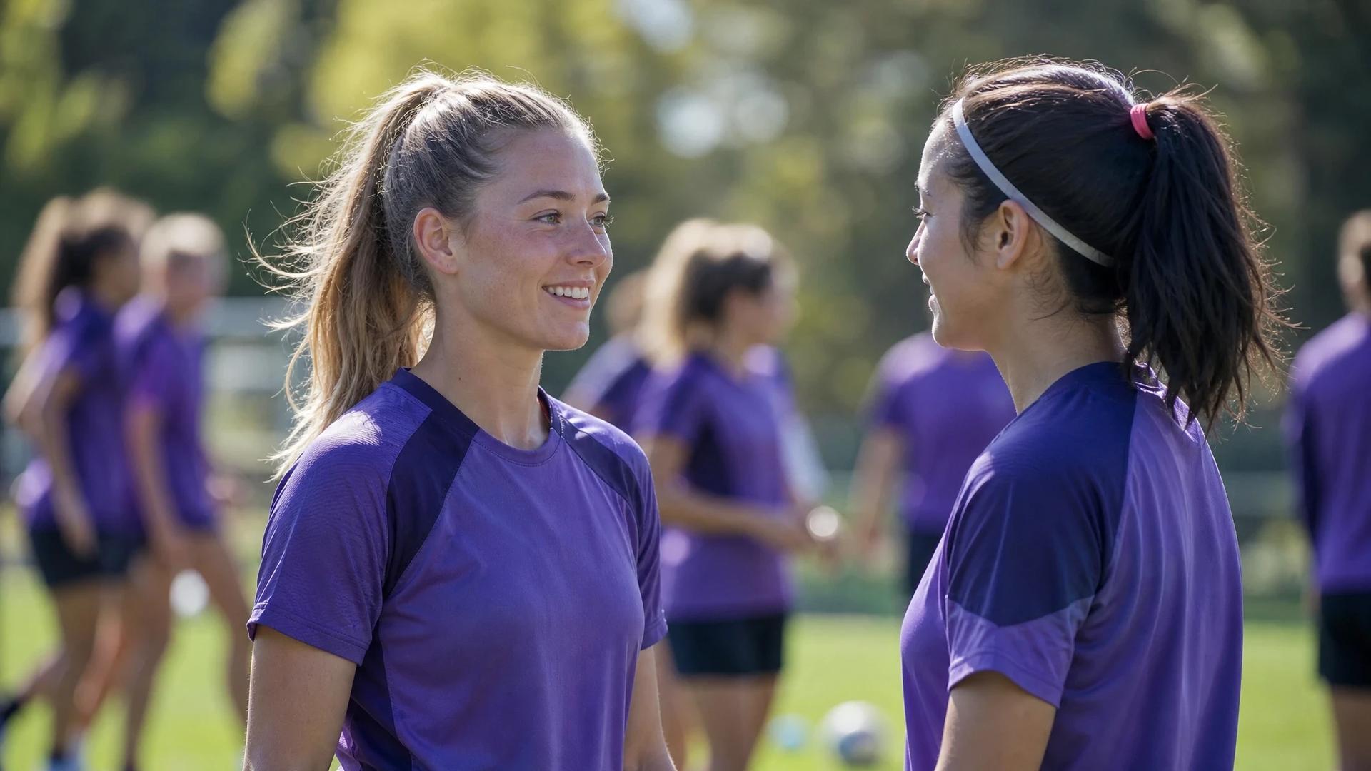 Jessie Stapleton and Jess Ziu interacting positively at a training ground surrounded by teammates.