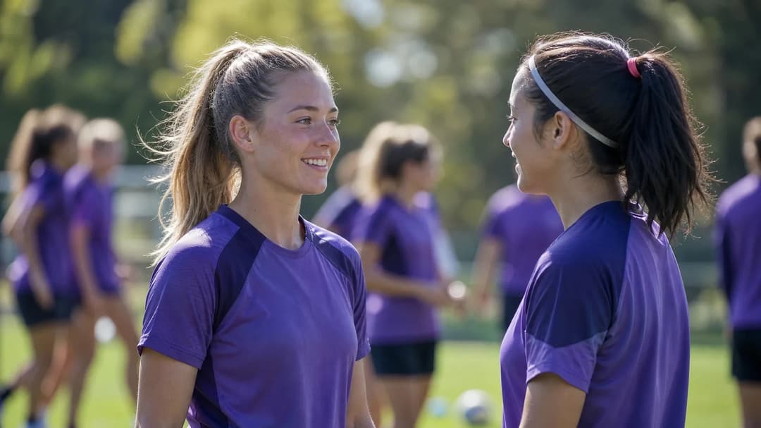 Jessie Stapleton and Jess Ziu interacting positively at a training ground surrounded by teammates.