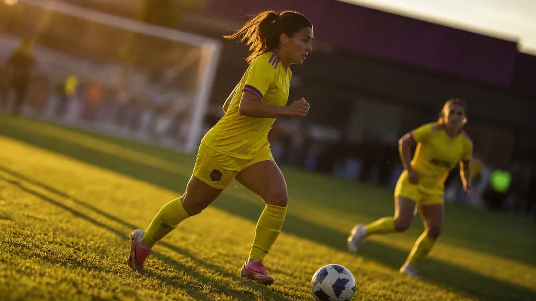 Leicy Santos in action during a soccer match, captured from a low angle.