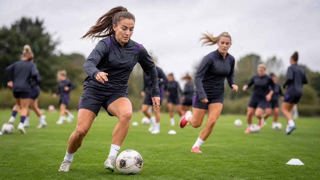 Ellen Jones dribbling a football during training with Olivia Francis in the background.