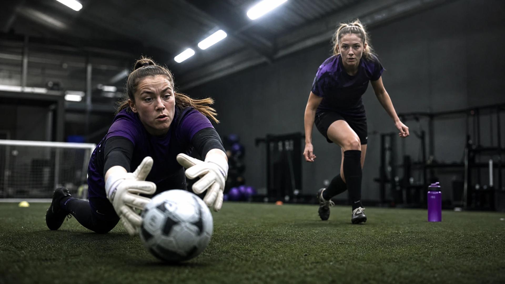 Southampton goalkeeper Alina Santos dives for a ball while Libbi McInnes prepares to follow up.