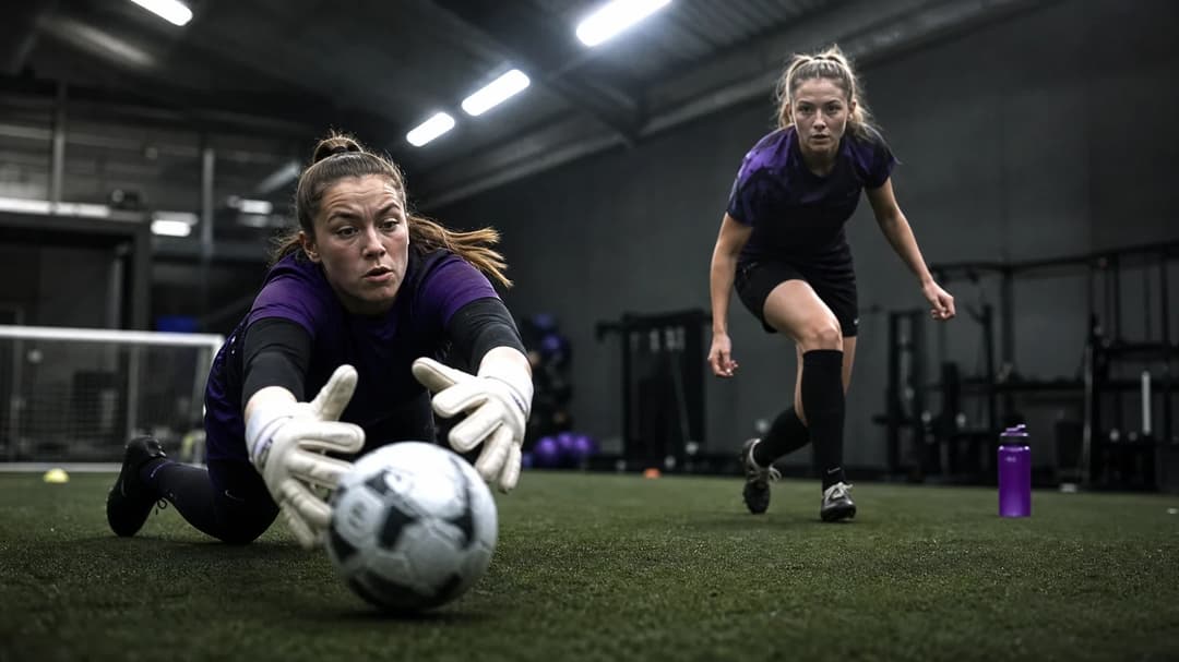 Southampton goalkeeper Alina Santos dives for a ball while Libbi McInnes prepares to follow up.