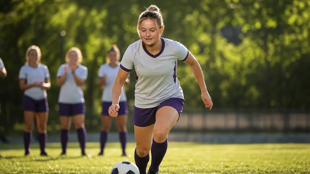 Leonie Köster dribbling a football on a training ground with teammates in the background.