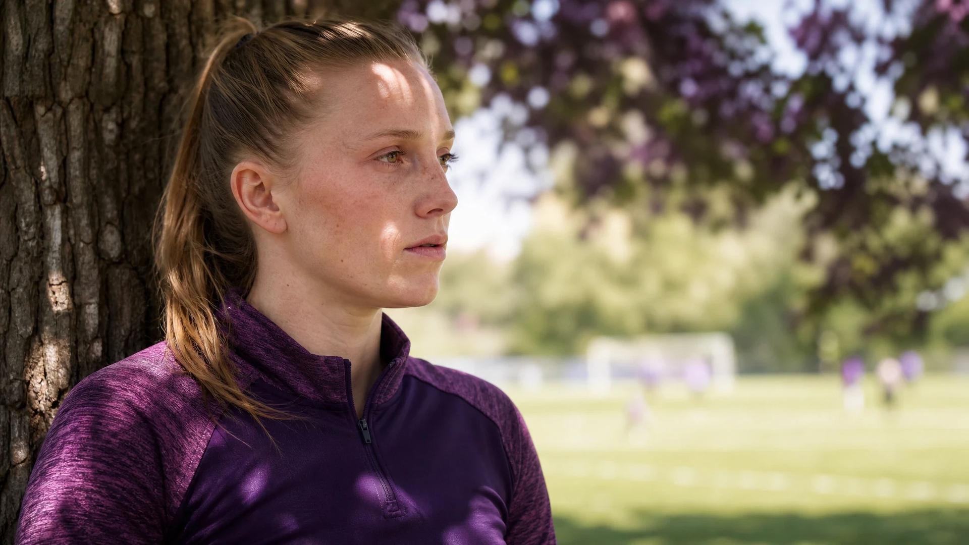 A female football player in sports clothing, reflecting in a dappled light setting.