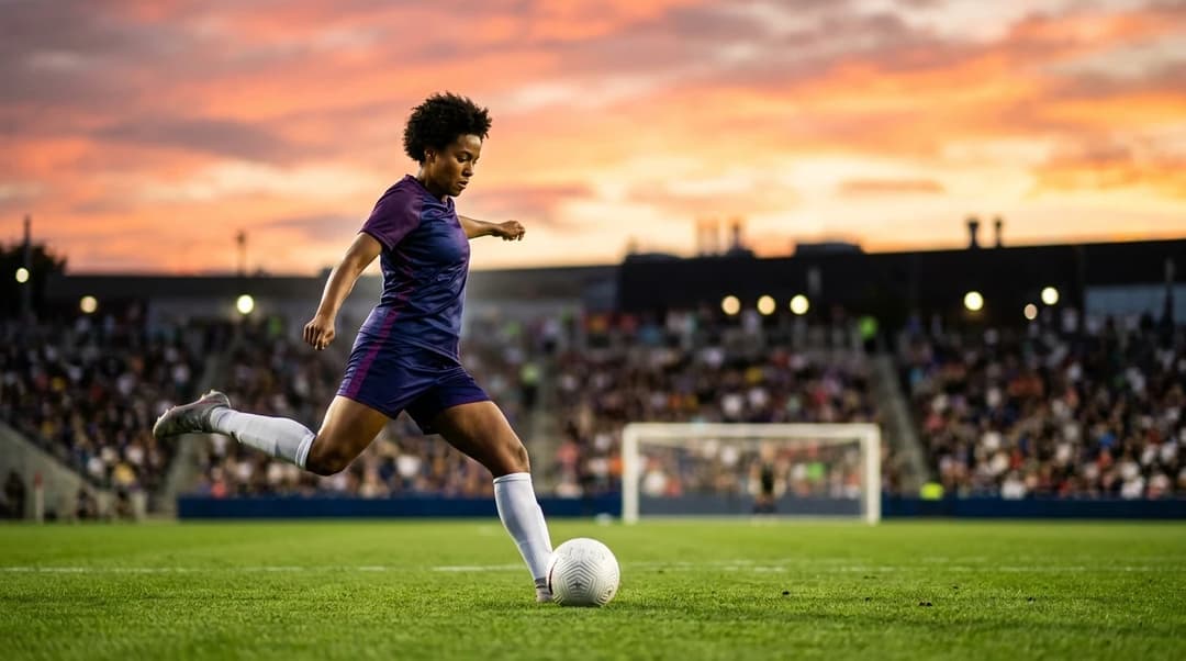 A female soccer player in a generic kit preparing to kick a ball on a vibrant sunset background.