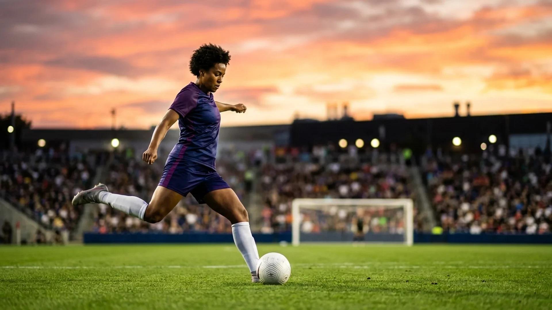 A female soccer player in a generic kit preparing to kick a ball on a vibrant sunset background.
