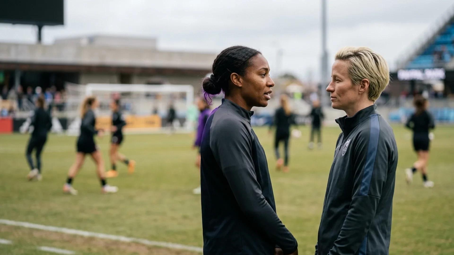 Two players from Bay FC and Seattle Reign engaged in conversation at PayPal Park.