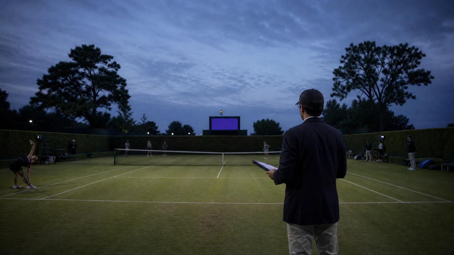 A tennis court at dusk with players warming up in the background.