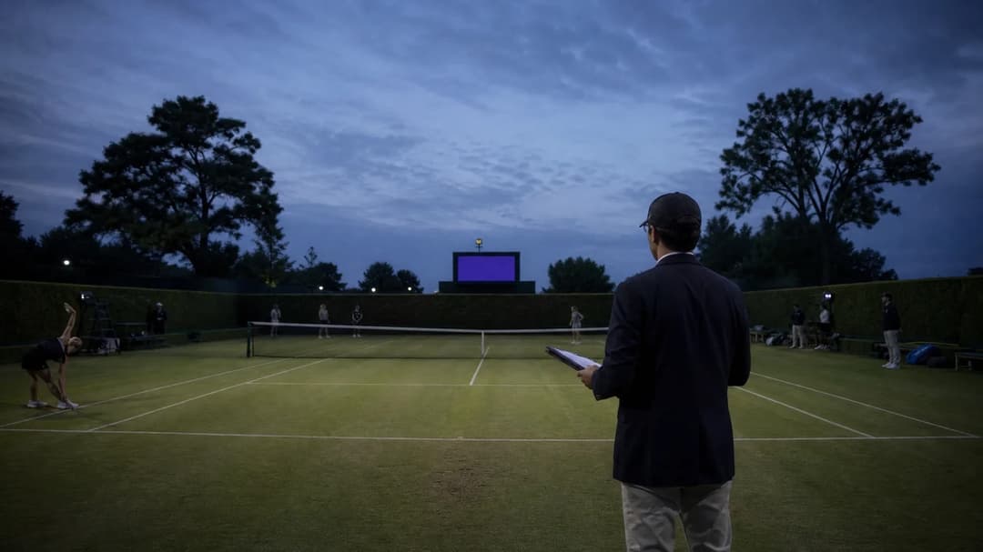 A tennis court at dusk with players warming up in the background.