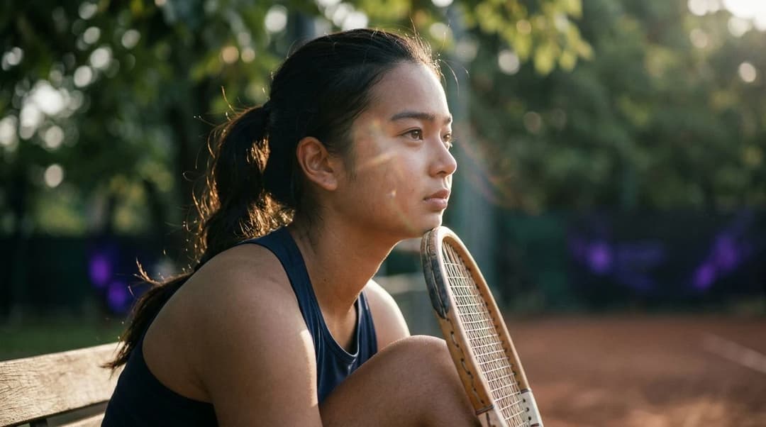 A young female tennis player sitting on a bench, lost in thought at golden hour.