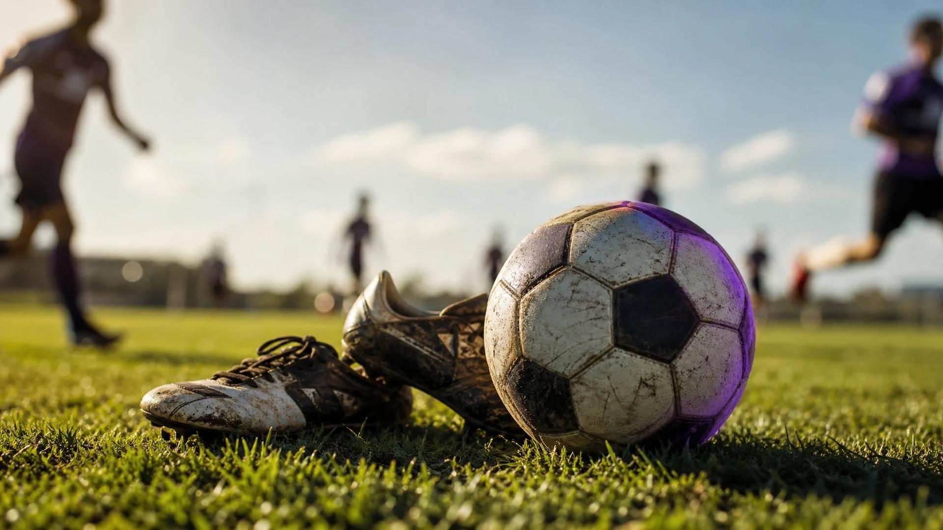 A close-up of a soccer ball next to worn cleats on a grassy field.
