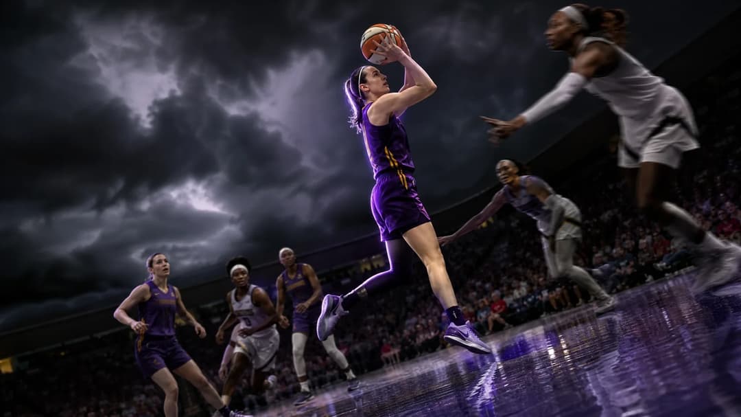 Caitlin Clark shooting a basketball during a game with stormy clouds in the background.