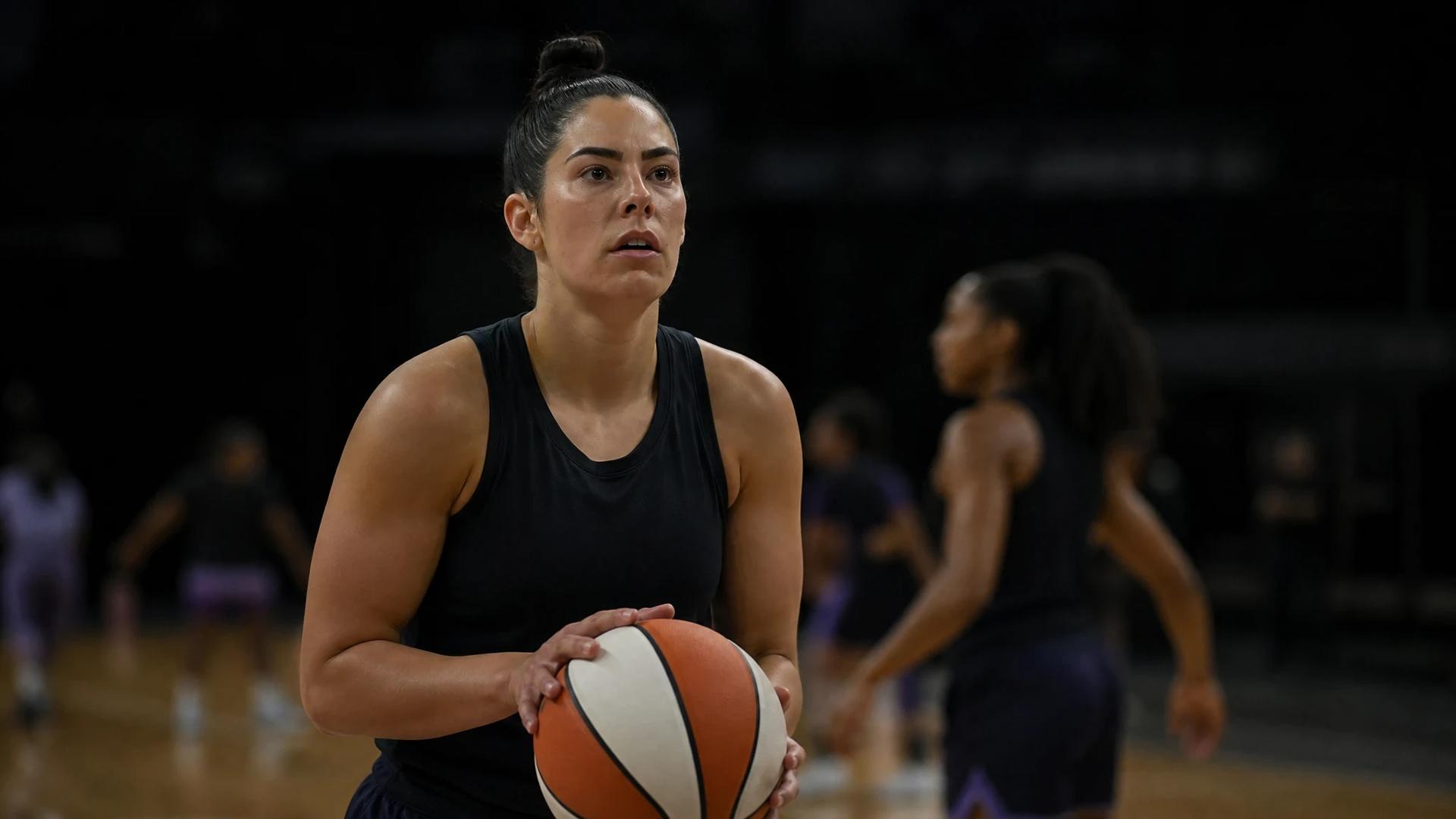 A tense basketball scene featuring Kelsey Plum at the free-throw line, surrounded by teammates in a stormy atmosphere.
