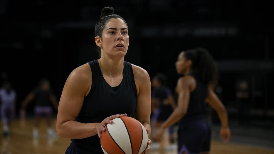 A tense basketball scene featuring Kelsey Plum at the free-throw line, surrounded by teammates in a stormy atmosphere.