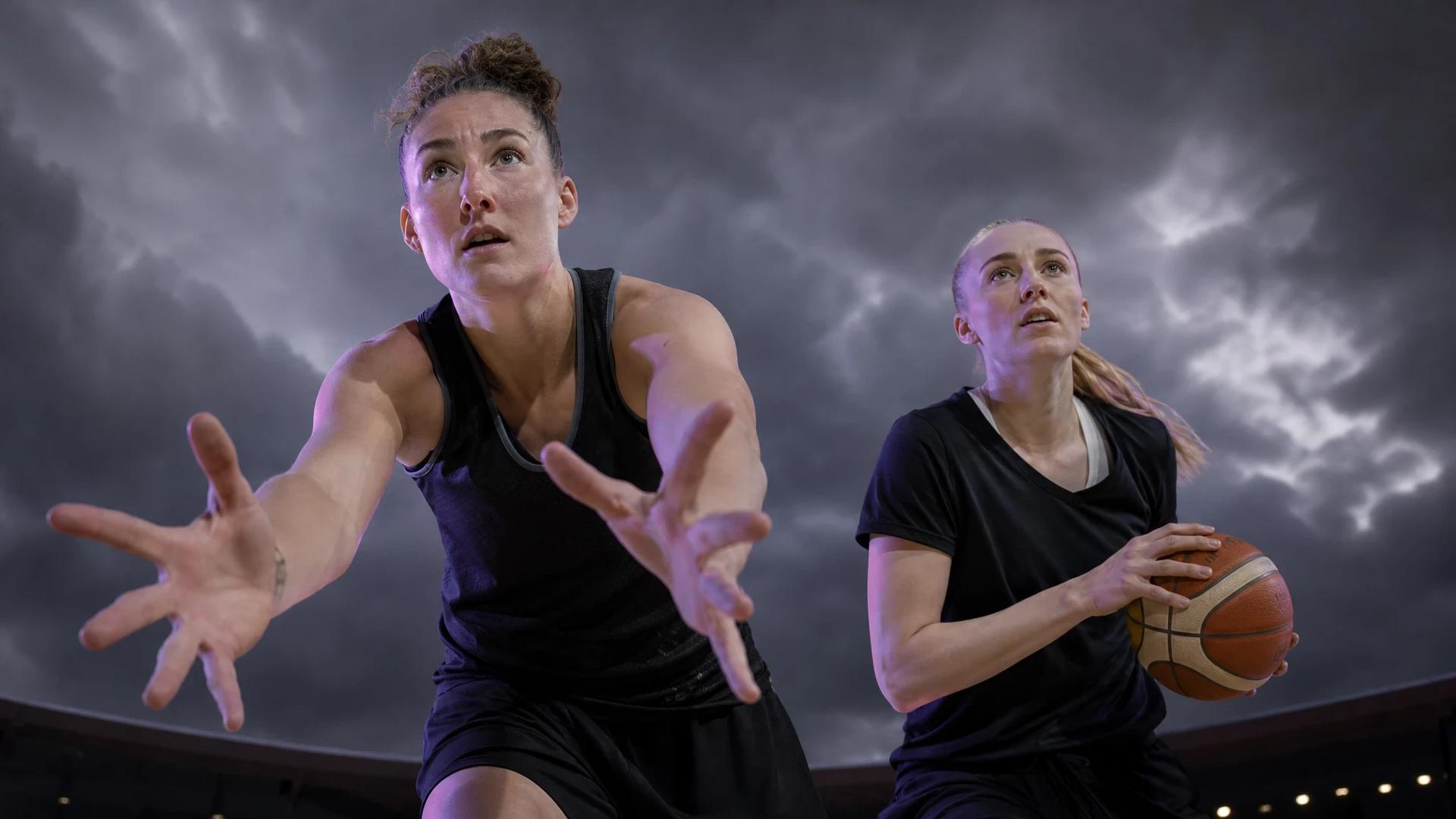 A low-angle shot of two female basketball players interacting during a game under stormy skies.