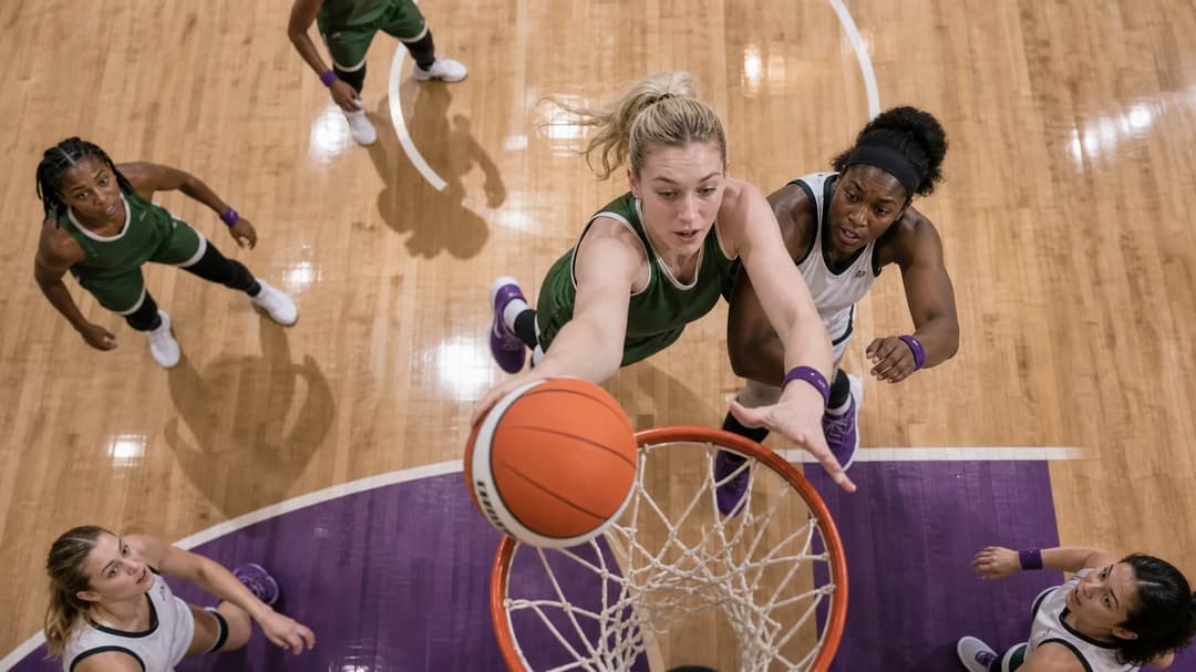 Aerial view of a basketball training session with players practicing on the court.