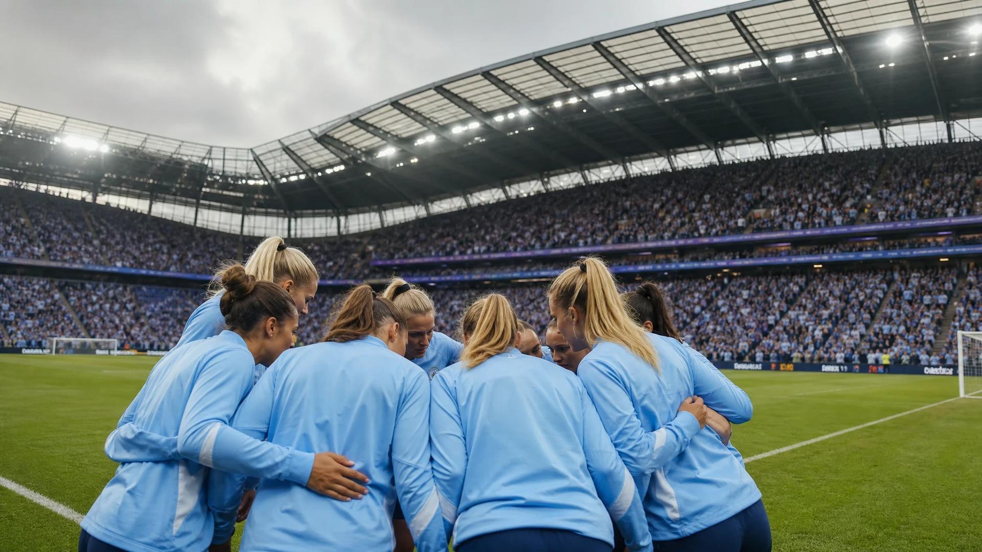 A group of female football players in unbranded kits are gathered in a huddle on the pitch at Joie Stadium before their match.