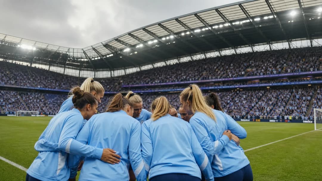 A group of female football players in unbranded kits are gathered in a huddle on the pitch at Joie Stadium before their match.