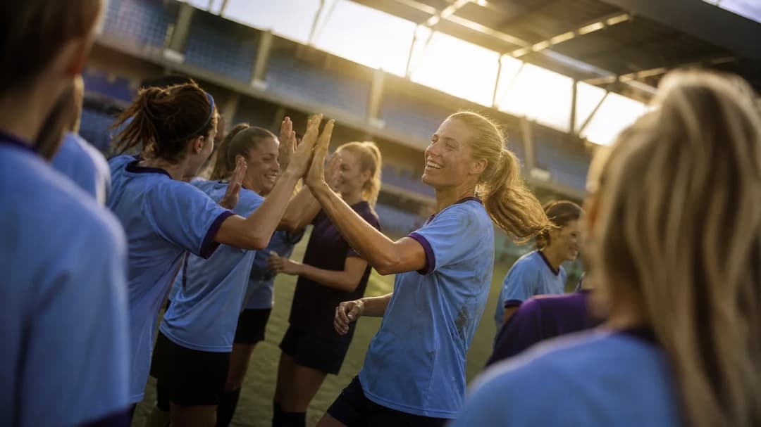 Manchester City Women's players celebrating in a moment of stillness after a match, captured in golden hour light.