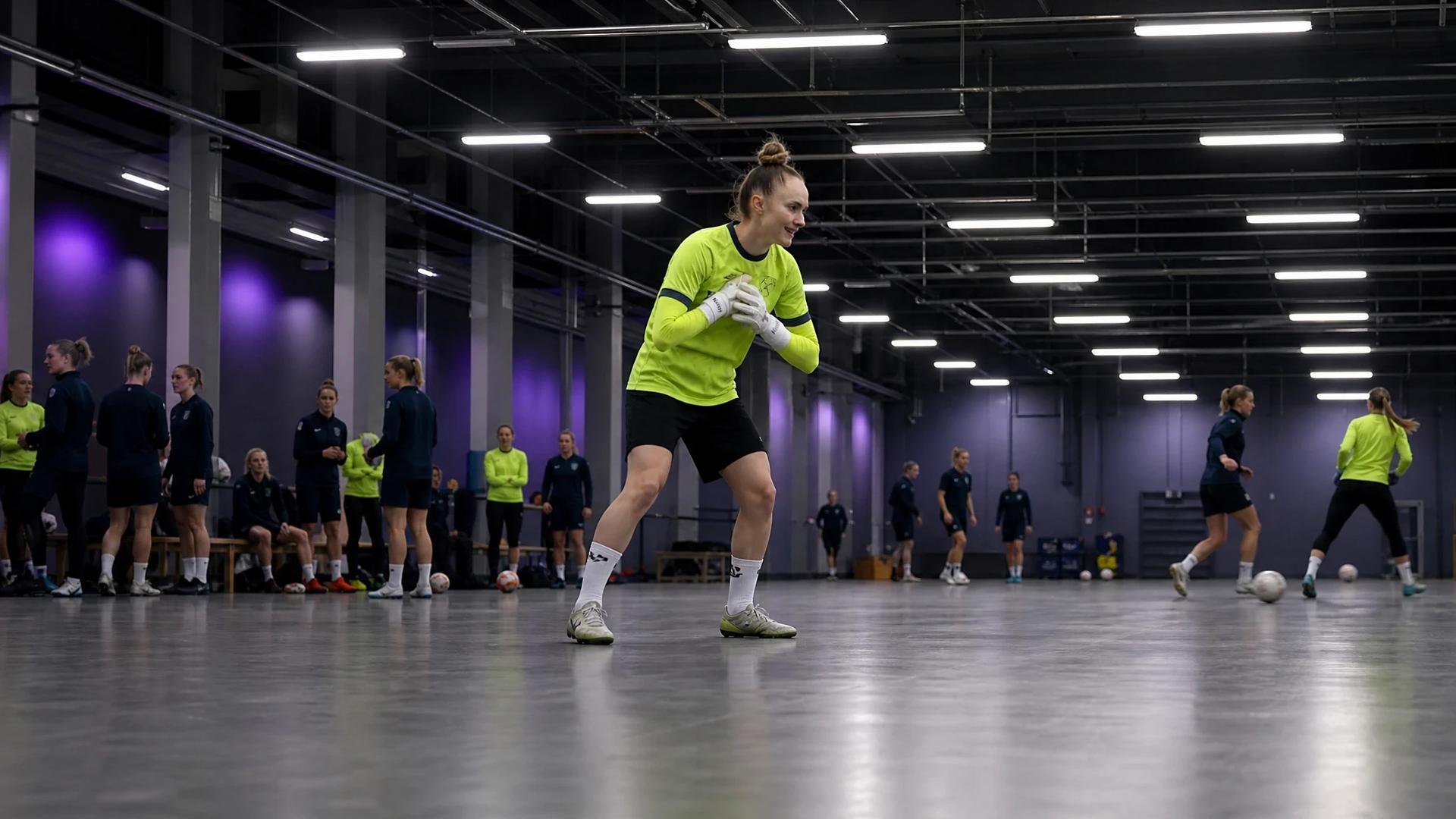 Kinga Szemik practicing goalkeeping in a training facility surrounded by teammates.