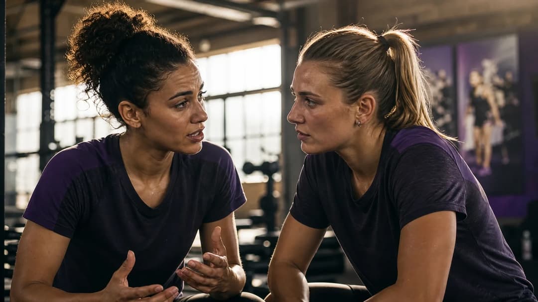 Two female football players discussing strategy inside a training facility.