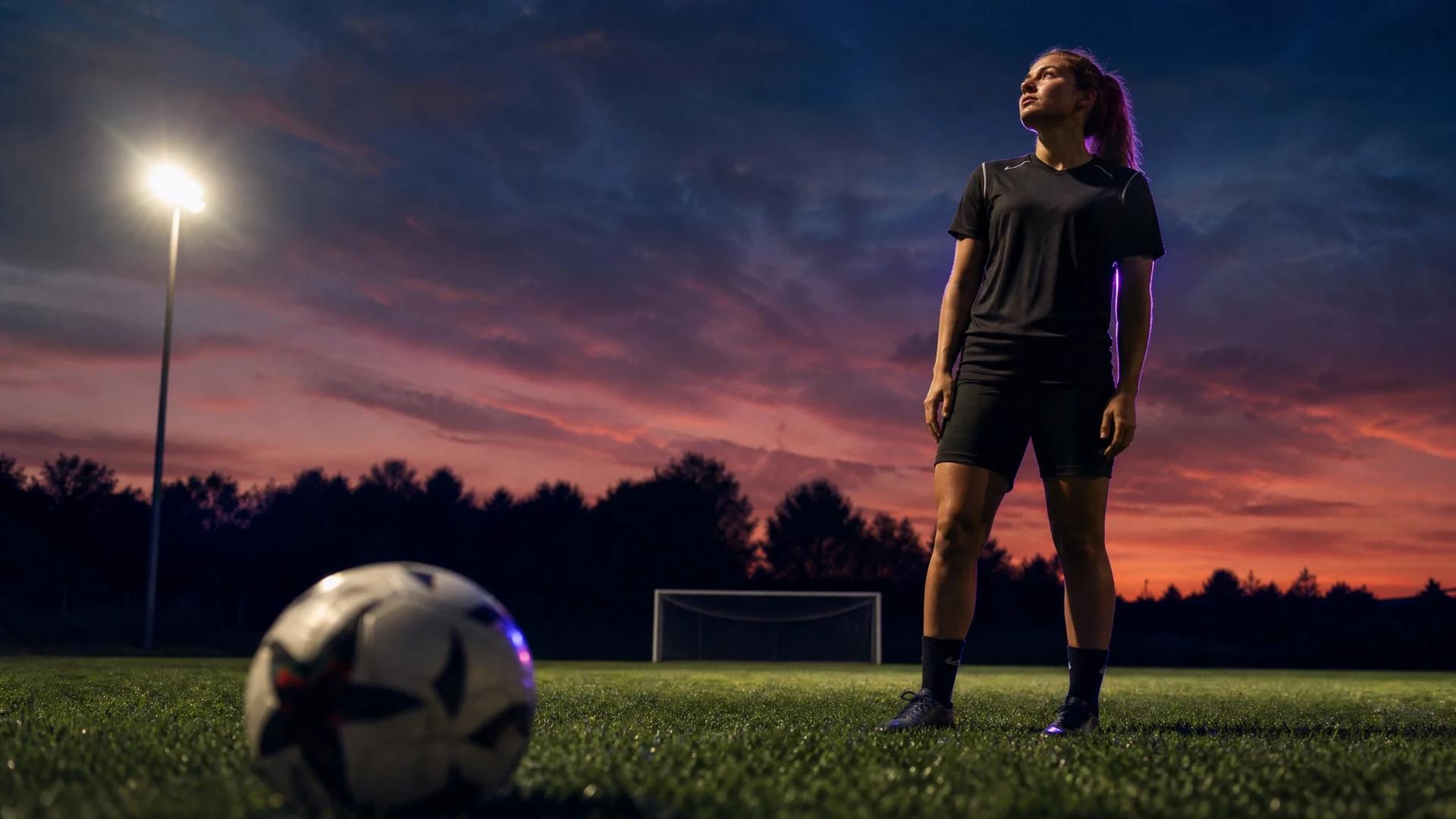 A young female football player stands on a training pitch at dusk, looking determined while a soccer ball sits in the foreground.