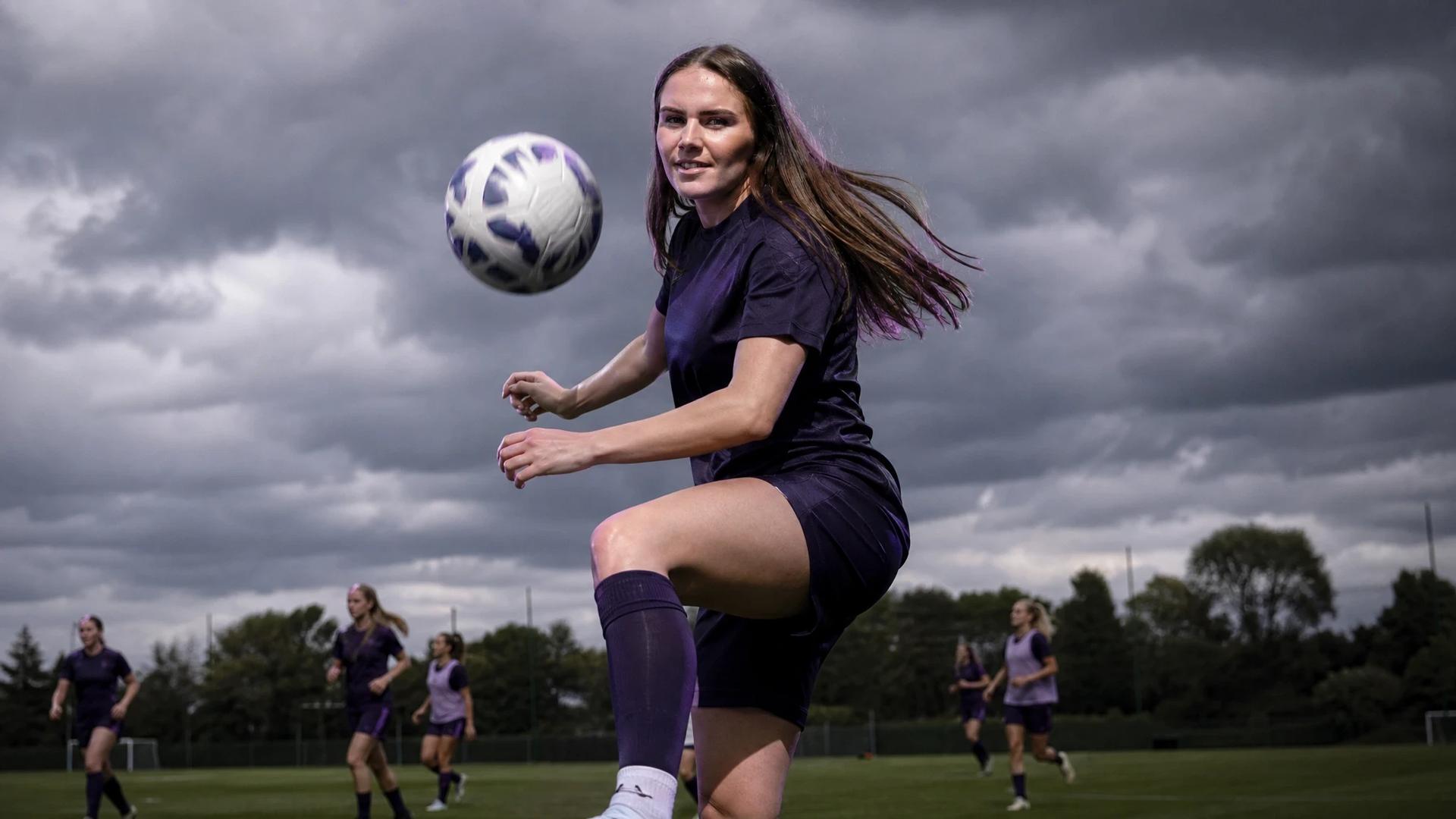 A footballer controls the ball during training on a cloudy day.