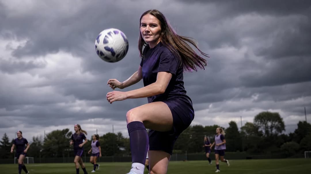 A footballer controls the ball during training on a cloudy day.