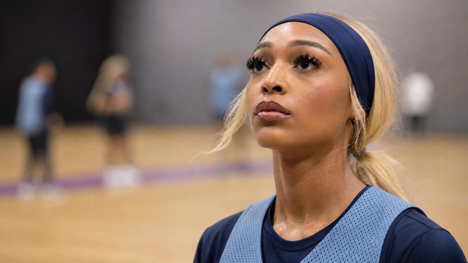 Close-up portrait of DiJonai Carrington before her basketball debut.