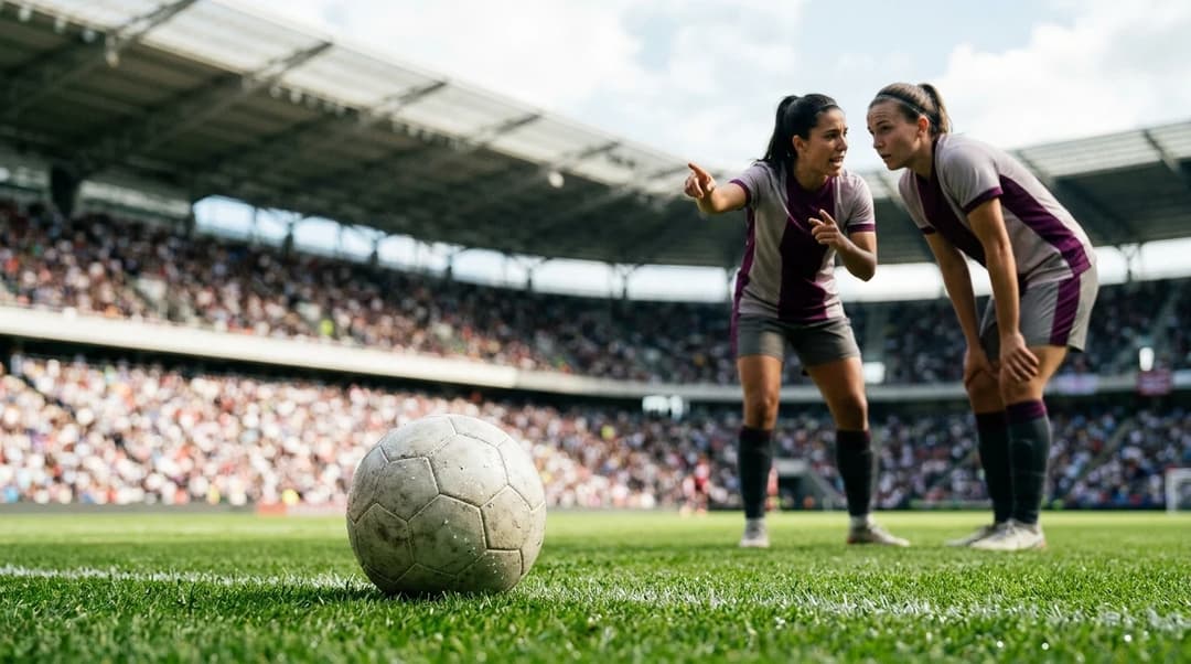 Close-up of a soccer ball on the grass with two players discussing tactics in the background.
