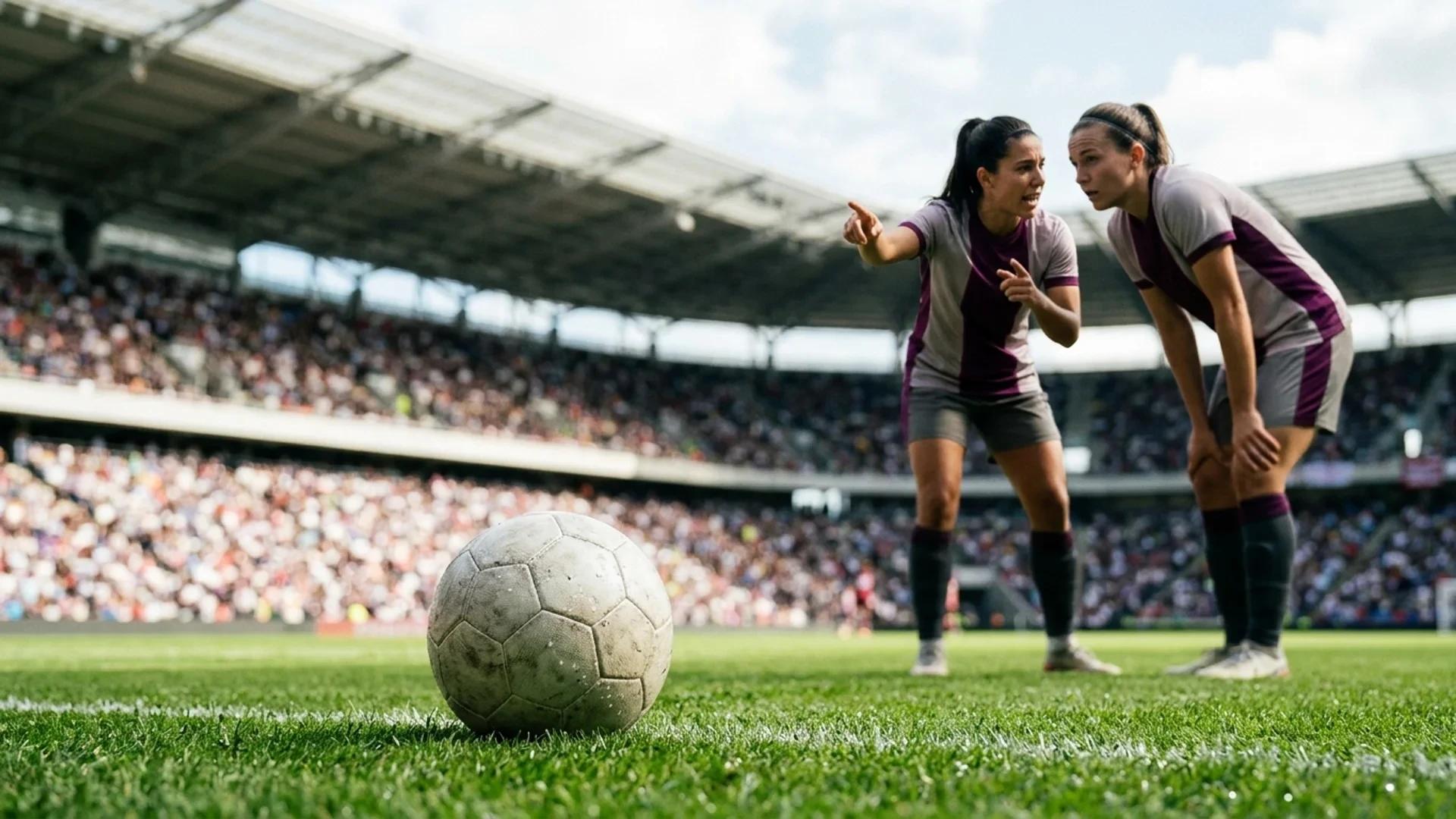 Close-up of a soccer ball on the grass with two players discussing tactics in the background.