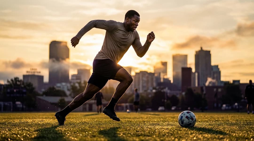 A Denver Summit player sprints towards the ball during a training session at sunrise, with the Denver skyline in the background.