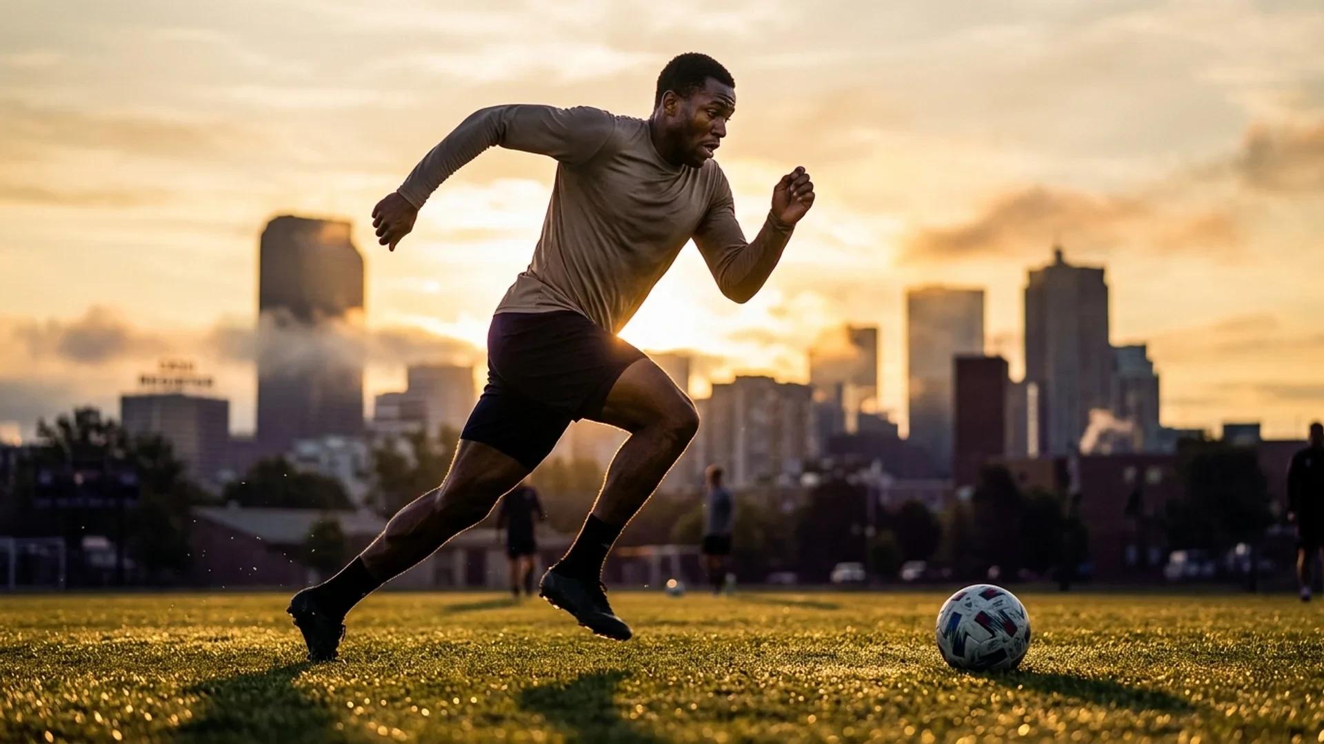 A Denver Summit player sprints towards the ball during a training session at sunrise, with the Denver skyline in the background.