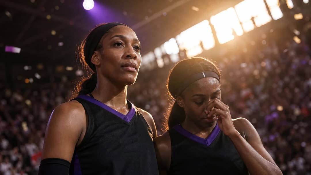 A'ja Wilson and Jackie Young celebrating post-game on the court with a dramatic angle.