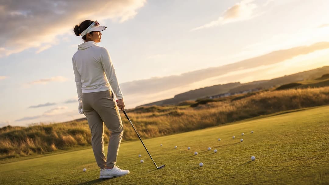 A female golfer practicing her swing during golden hour at Royal Lytham and St Annes.