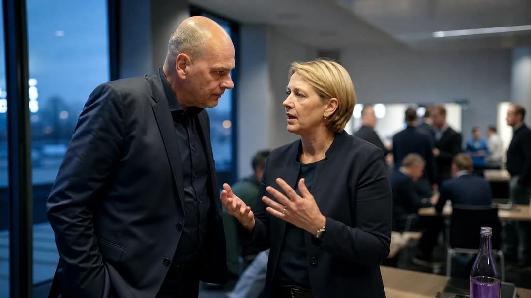 Two people engaged in discussion in an office setting during twilight.