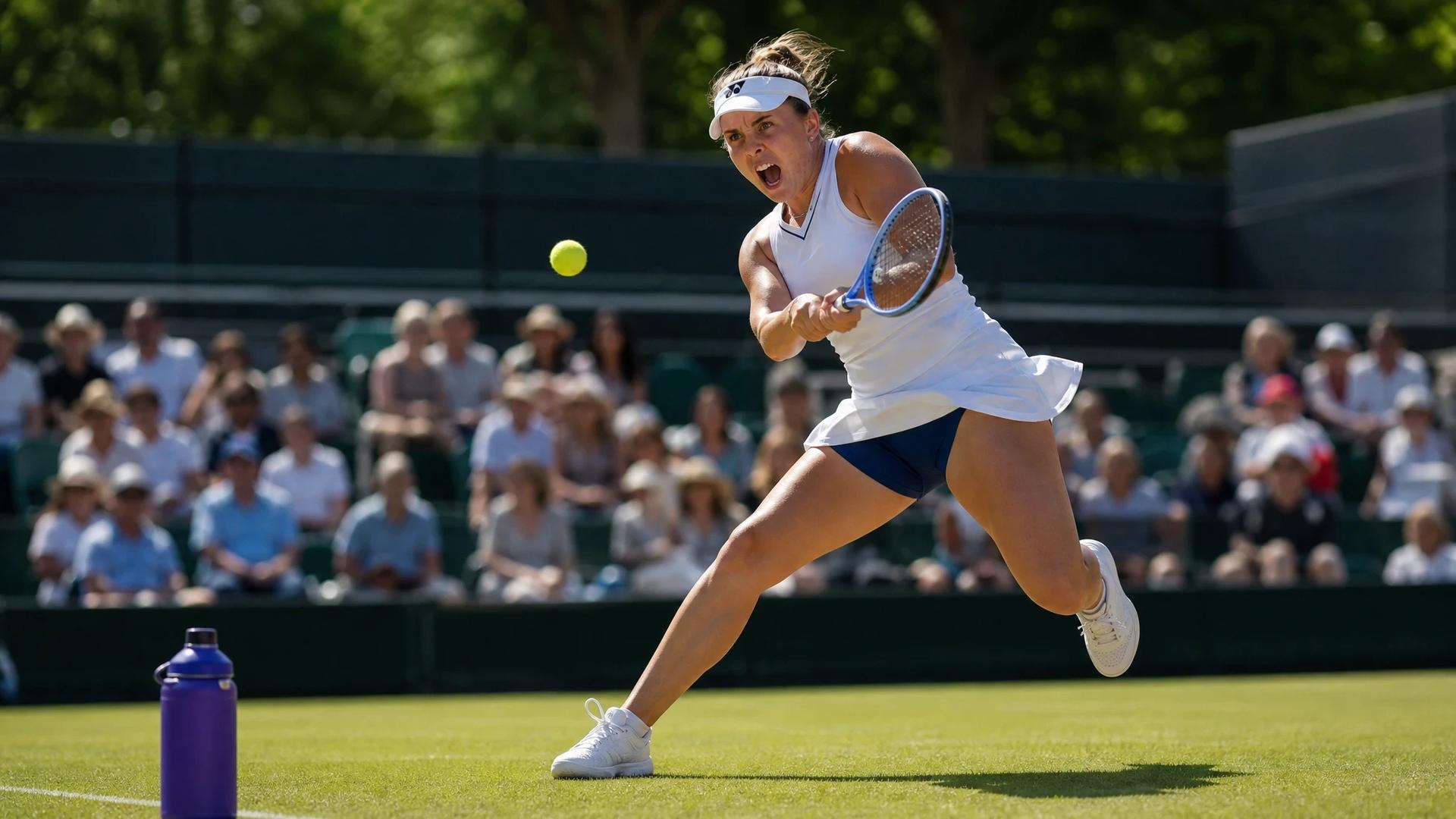 A female tennis player striking a tennis ball during training, with a violet water bottle on the sidelines.