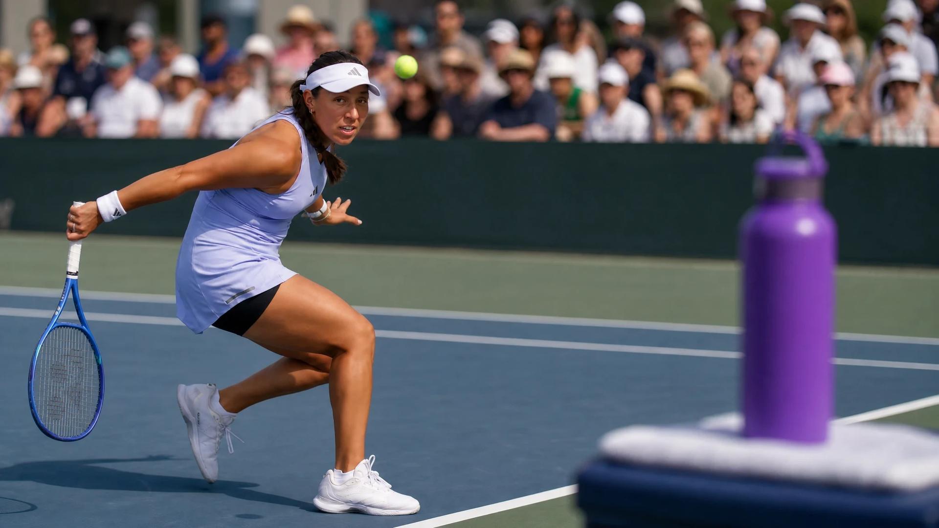 Jessica Pegula focused on the game in a tennis match, with a violet hydration bottle visible in the corner.