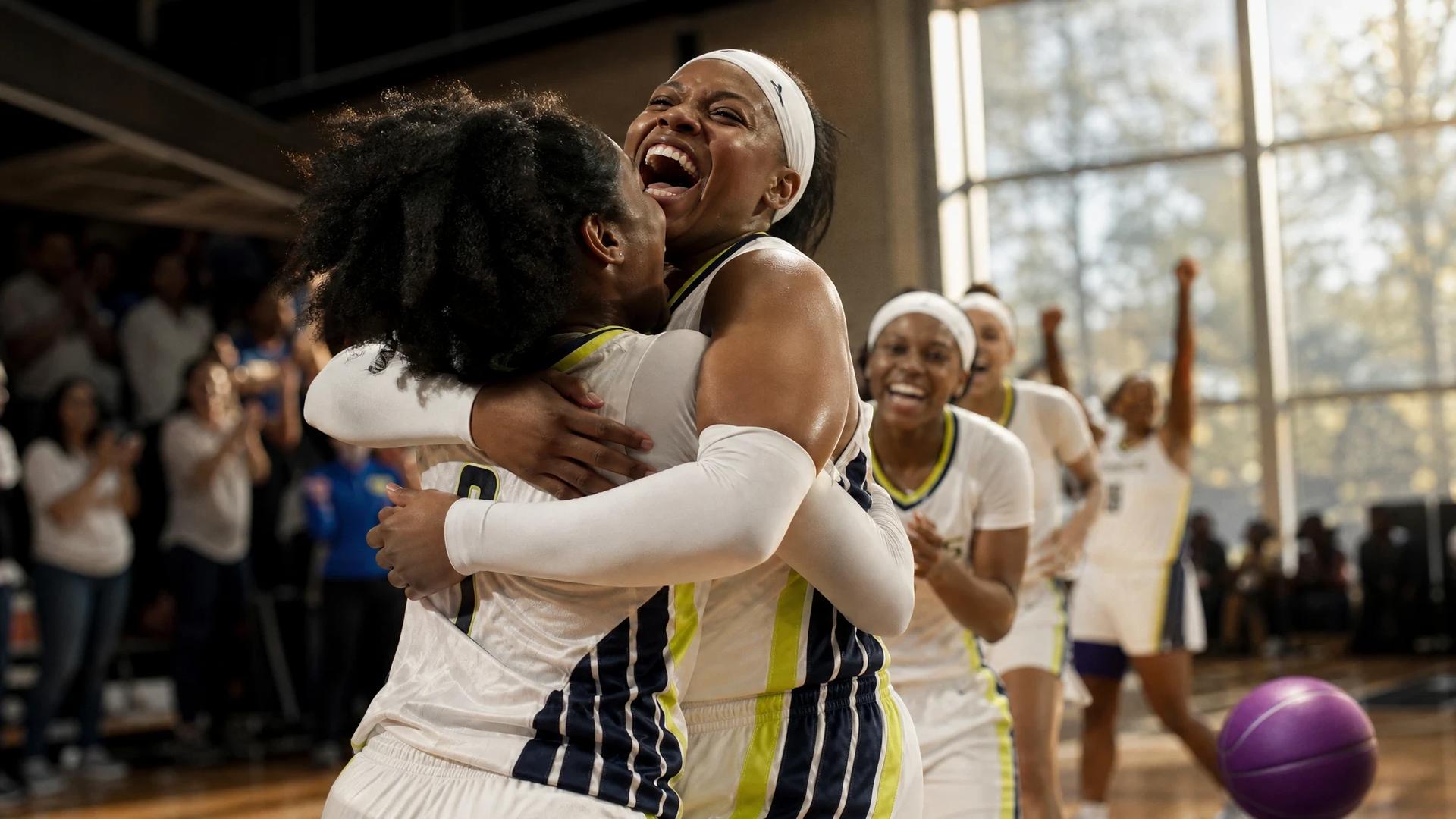 Jessica Shepard and Arike Ogunbowale celebrate in a vibrant gym after a successful play, with teammates nearby.