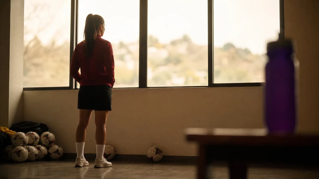 A young female footballer from Athletic stands in a training facility, looking out of a window with a violet water bottle nearby.