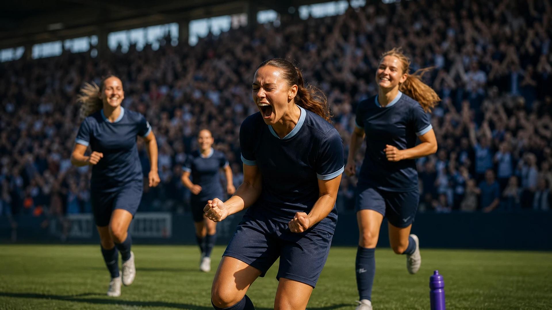 A female football player celebrates a goal with fans in the background.
