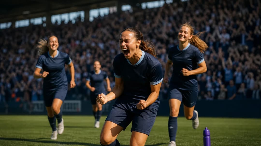 A female football player celebrates a goal with fans in the background.
