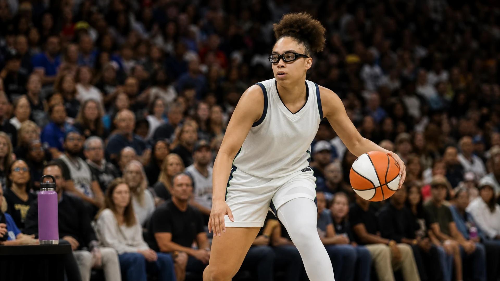 Olivia Miles dribbles the basketball against a backdrop of cheering fans in the arena.