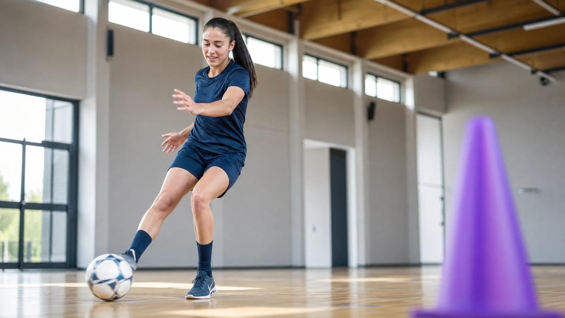 Giulia Dragoni training in a modern facility, executing a pass with a violet training cone in the foreground.