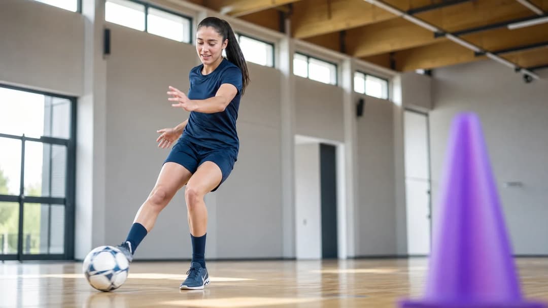 Giulia Dragoni training in a modern facility, executing a pass with a violet training cone in the foreground.