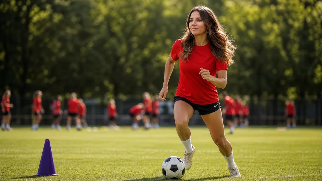 A young female football player, Borbála Vincze, dribbling a ball on a training ground.