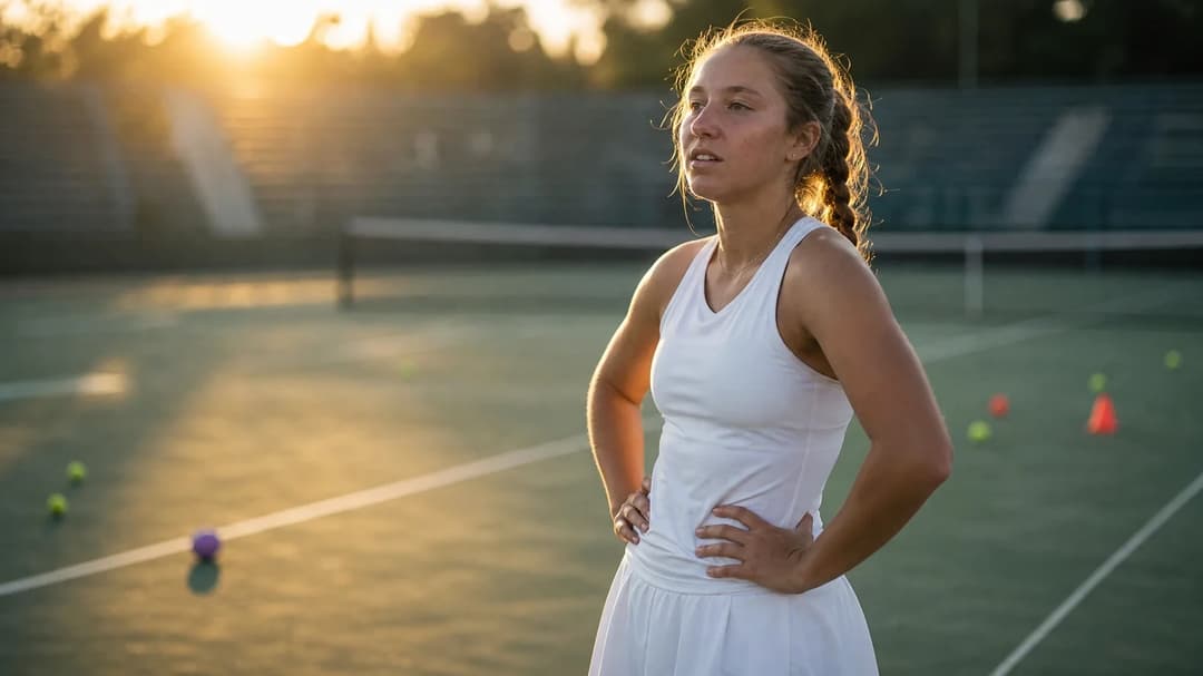 A young female tennis player stands on an empty court, reflecting on her victory, with a violet tennis ball on the ground.