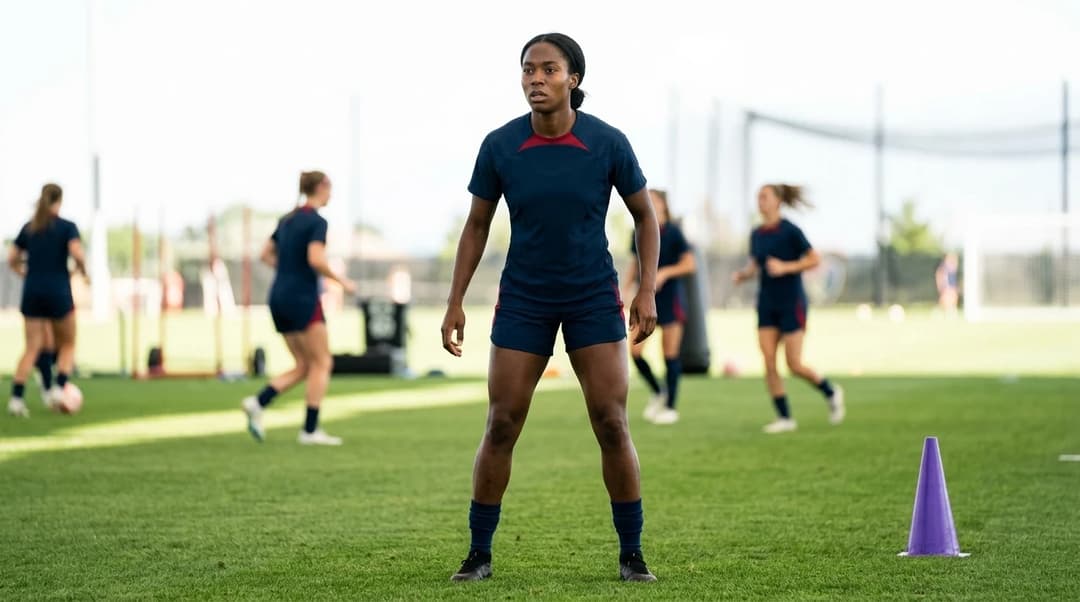 Evelyn Ijeh prepares for a soccer match in a training facility.